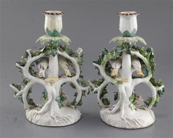 Two matching Derby candlestick groups, c.1765, h. 21cm, some restoration,
